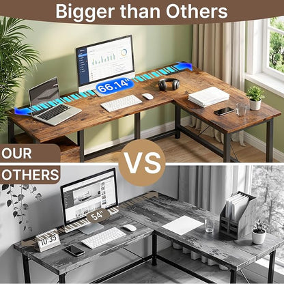 Gizoon 66 Inch L Shaped Home Office Desk with Power Outlets, Reversible Corner Computer Gaming Table with Large Drawers & CPU Stand, Rustic Brown