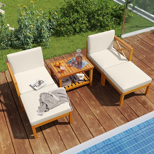 Tangkula 5 Pieces Acacia Wood Patio Chaise Lounge Chair Set with Ottomans and Cushions, Outdoor Patio Chairs Set with 2-Tier Coffee Table, Outdoor Conversation Set for Garden, Backyard and Poolside