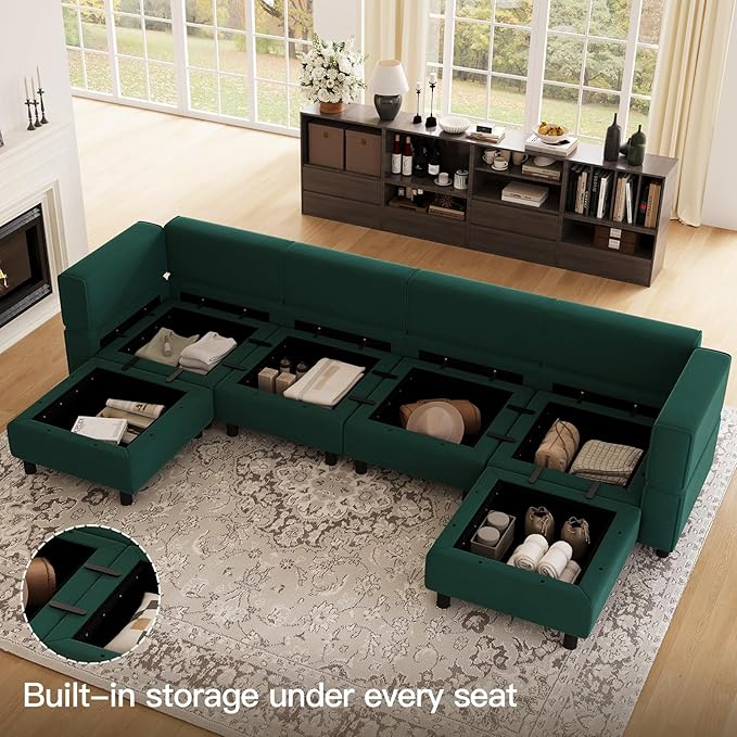 Belffin Modular Sectional Sofa Oversized U Shaped Sectional Couch with Reversible Chaise Velvet Modular U Shape Sofa with Storage Seat Green