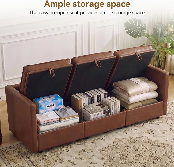80" Brown Faux Leather Storage 3 Seater Sofa, Modular Sectional Cloud Sofa | Modern Deep Seat Cloud Upholstered Sofa with Armrest, Convertible 3 Seater Comfy Sofa for Living Room, Bedroom, Small spaces