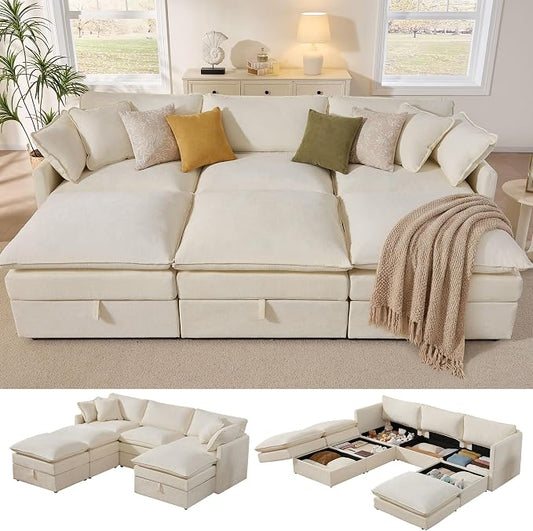 Ihanherry Oversized Sectional Sofa Bed with Storage, 103" 6-Seater Modular Cloud Couch with Movable Ottomans, Chenille Deep Seat Sleeper Couches for Living Room (Beige)