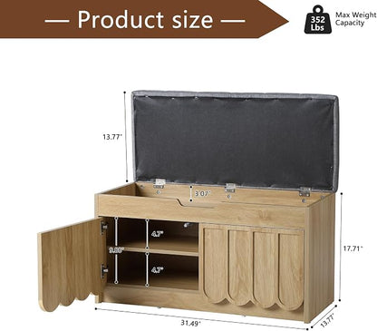 ORRD Shoe Storage Bench with Cushion, Entryway Shoe Cabinet Bench with 2 Scalloped Doors & Adjustable Shelf, 2-Tier Shoe Rack Organizer Cabine for Entryway, Hallway, Living Room (Natural)