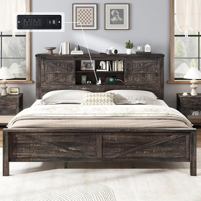 AMERLIFE 3-Piece Farmhouse Bedroom Set, King Size Bed with Sliding Barn Doors & Bookcase Headboard, 5-Drawer Tall Dresser, 4-Drawer Wide Dresser, Black Oak