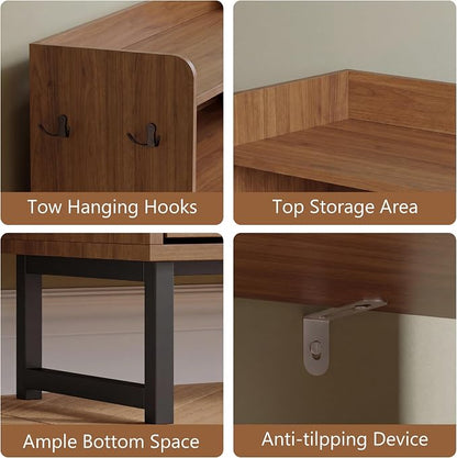 Shoe Cabinet with 2 Flip Drawers, Freestanding Hidden Shoe Storage Organizer for Entryway, Narrow Slim Shoe Rack Cabinet with Open Storage & Hooks for Front Door Entrance, Living Room, Hallway, Walnut