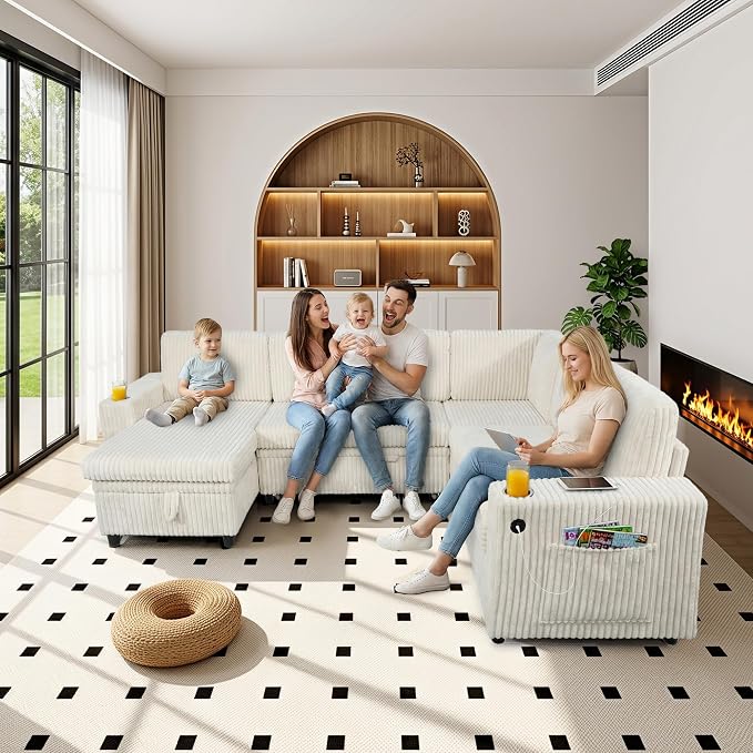 Sectional Sleeper Sofa with Pull Out Bed, 7 Seats U Shaped Sleeper Sofa with Storage Chaise, USB Ports, Cup Holders, Plush Corduroy Sectional Couch for Living Room, Beige