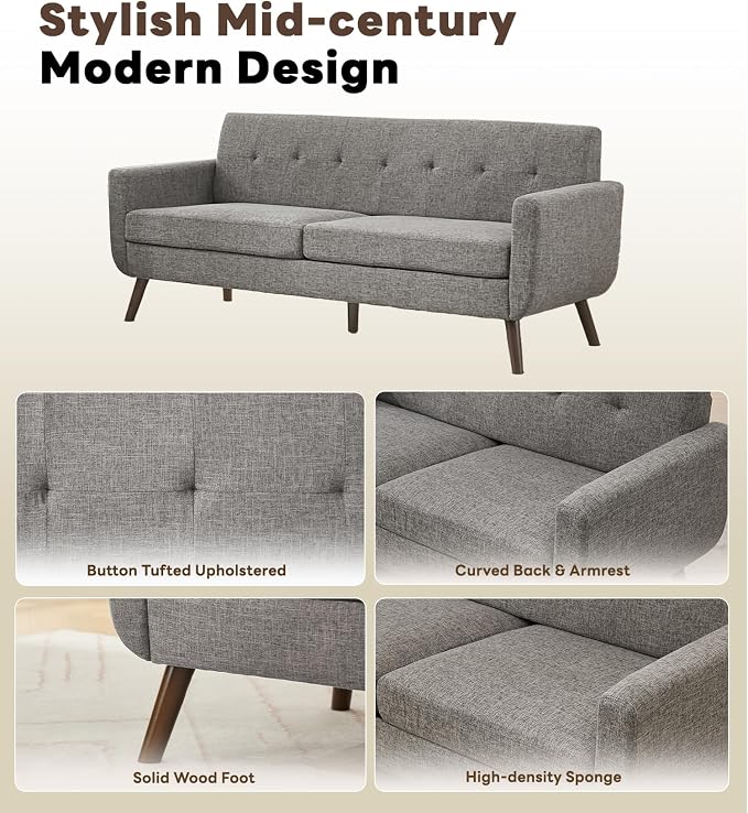 Tbfit 77.2" W Linen Sofa Couch, Mid Century Modern Decor Loveseat Couches for Living Room, Button Tufted Upholstered Small Couch for Bedroom, Solid, and Easy to Install Love Seats Furniture, Grey