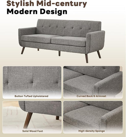 Tbfit 77.2" W Linen Sofa Couch, Mid Century Modern Decor Loveseat Couches for Living Room, Button Tufted Upholstered Small Couch for Bedroom, Solid, and Easy to Install Love Seats Furniture, Grey