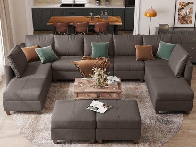 EASE MOOSE Faux Leather Sectional, Large Modular Sofa Couch U Shaped Sectional Couch with Storage Ottomans, Grey