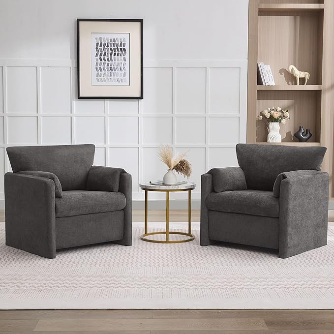 Oversized Accent Chair for Living Room, 32.68" Modern Armchair Set of 2 with Deep Seat, Mid-Century Comfy Reading Chair with Padded Arms, Large Chenille Single Sofa Chairs for Bedroom, Dark Grey