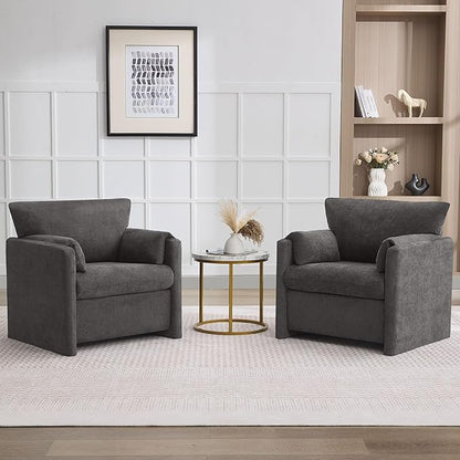 Oversized Accent Chair for Living Room, 32.68" Modern Armchair Set of 2 with Deep Seat, Mid-Century Comfy Reading Chair with Padded Arms, Large Chenille Single Sofa Chairs for Bedroom, Dark Grey