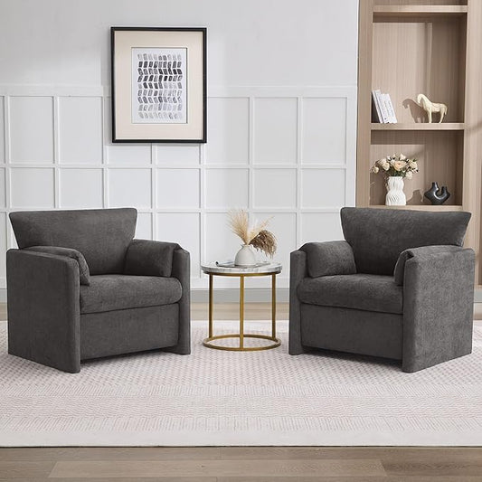 Oversized Accent Chair for Living Room, 32.68" Modern Armchair Set of 2 with Deep Seat, Mid-Century Comfy Reading Chair with Padded Arms, Large Chenille Single Sofa Chairs for Bedroom, Dark Grey