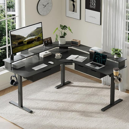 MALOL 59" L Shaped Electric Standing Desk with Drawers, Height Adjustable Desk with Power Outlets & LED Lights, Monitor Stand, Corner Computer Desk for Home Office, Black