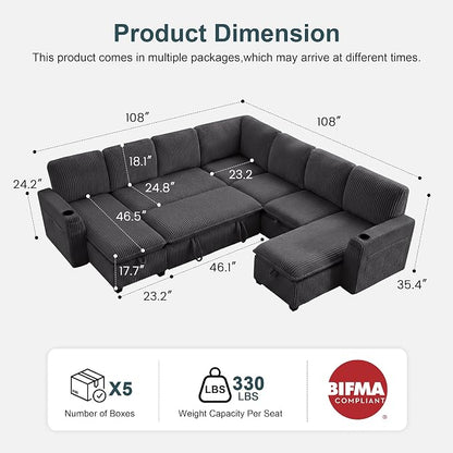 Oversized Sectional Sleeper Sofa with Pull Out Bed, Plush Corduroy 9 Seat Modular Sofa with Storage Chaise and Adjustable Backrest, Cloud Couches for Living Room, Apartment, Dark Grey