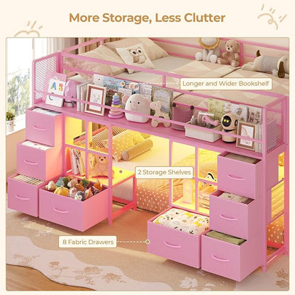 BTHFST Low Bunk Bed Twin Over Twin with 8 Fabric Drawers & Bookshelf, Twin Bunk Beds with RGB LED Lights, Windows, Metal Bunk Beds for Kids with Slanted Ladder & Safety Guardrails, Space Saving, Pink