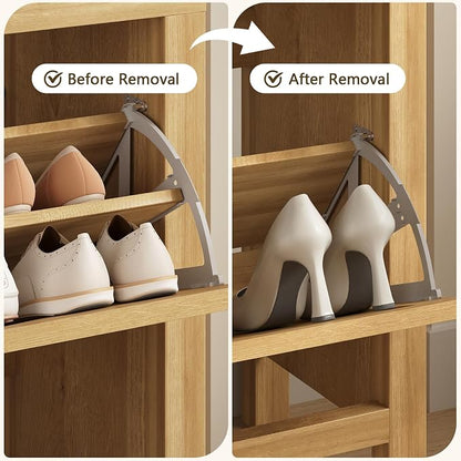 YOMILUVE Shoe Storage Cabinet for Entryway, Fluted Shoe Cabinet with 2 Flip Drawers, Hidden Shoe Rack Slim Freestanding Hidden Shoe Organizer for Foyer, Hallway, Oak