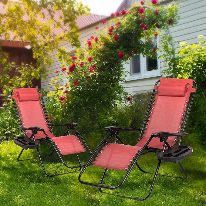 Nazhura Set of 2 Relaxing Recliners Patio Chairs Adjustable Steel Mesh Zero Gravity Lounge Chair Beach Chairs with Pillow and Cup Holder Khaki (Pink)