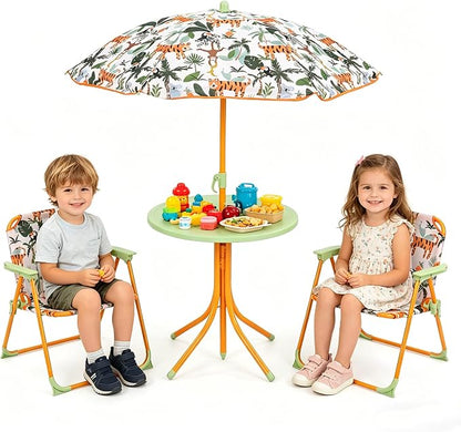 HONEY JOY Kids Picnic Table, Animal Themed Toddler Outdoor Table and Chair Set, 2 Folding Chairs & Removable Umbrella, Children Outdoor Furniture for Backyard Patio Garden (Green Tiger)