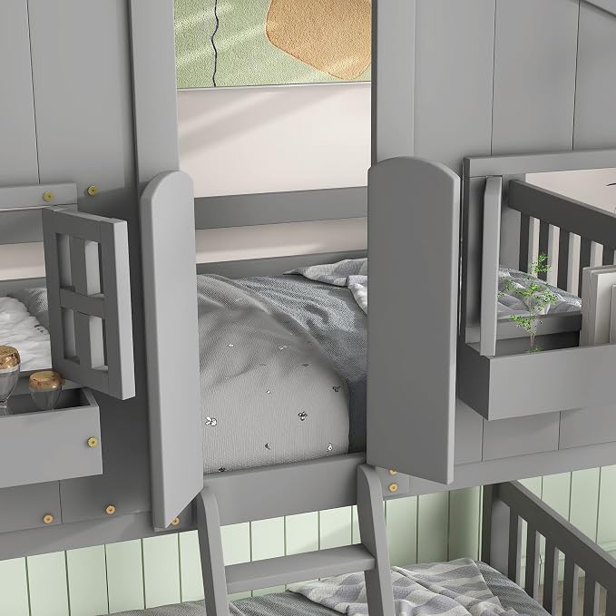 GDFStudio Twin Over Twin House Bunk Bed with Roof,Windows,Door,Window Boxes,Safety Guardrails & Ladder,Pine Wood Frame,Low-Height Kids Bunk Beds for Bedrooms,Playful Loft Bed with Easy Assembly, Grey