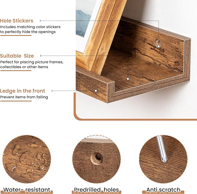 Fun Memories Picture Ledge Shelves Set of 2, 24 Inch Rustic Wall Mounted Floating Shelves with Lip for Home Storage and Décor in Bathroom, Kitchen, Nursery, Bedroom, Living Room, Brown