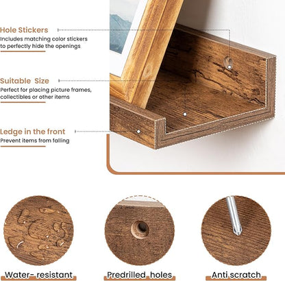 Fun Memories Picture Ledge Shelves Set of 2, 24 Inch Rustic Wall Mounted Floating Shelves with Lip for Home Storage and Décor in Bathroom, Kitchen, Nursery, Bedroom, Living Room, Brown