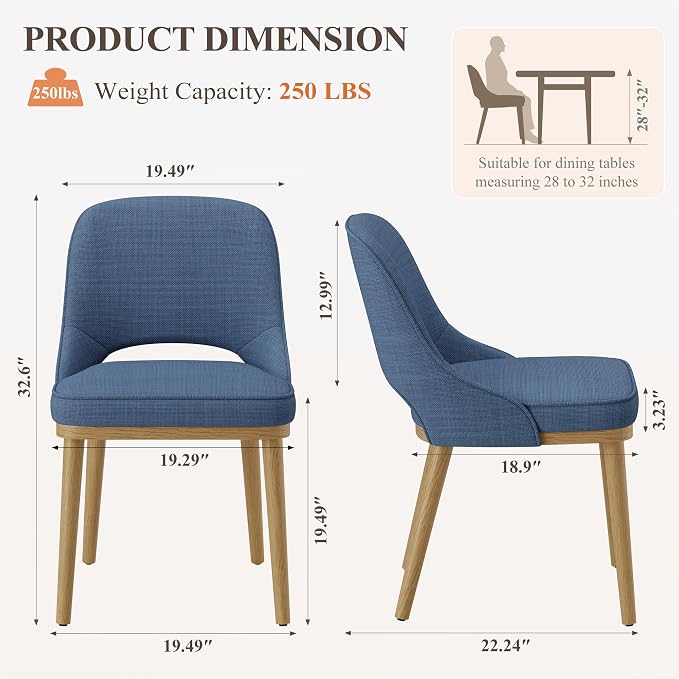 Modern Upholstered Dining Chairs Set of 2, Open Back with Solid Wood Legs, Ergonomic Curved Back Fabric Kitchen Chairs for Dining Room & Kitchen, Living Room Side Chairs, Farmhouse, Blue