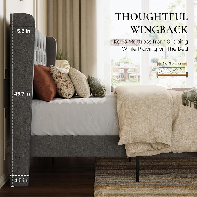 SHA CERLIN Queen Size Upholstered Platform Bed Frame with Wingback Headboard, Tufted Linen Fabric, Wooden Slats Support, Easy Assembly, No Box Spring Needed, Light Grey