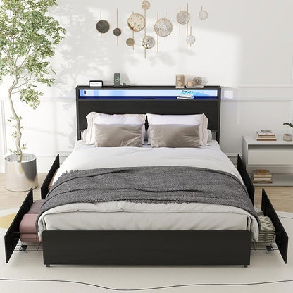 Zevemomo Queen Bed Frame with 4 Storage Drawers, Queen Size Bed Frame with Headboard, LED, Charging Station with USB Ports & AC Outlets, Sturdy Metal Slat Support, No Noise, Black