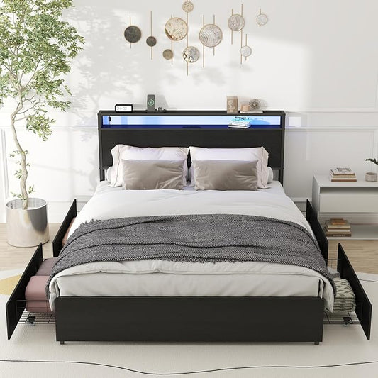 Zevemomo Queen Bed Frame with 4 Storage Drawers, Queen Size Bed Frame with Headboard, LED, Charging Station with USB Ports & AC Outlets, Sturdy Metal Slat Support, No Noise, Black