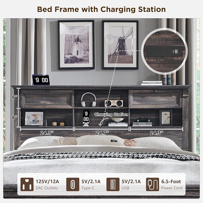 Farmhouse King Size Bed Frame with 54" Tall Headboard, Headboard with 4 Storage Rack, 2 Drawers, 18" Roman Column Decoration Footboard, Wood Platform Bed Frame, No Box Spring Needed(Dark Rustic Oak)