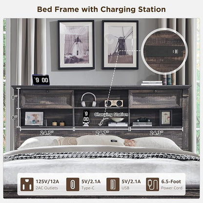 Farmhouse King Size Bed Frame with 54" Tall Headboard, Headboard with 4 Storage Rack, 2 Drawers, 18" Roman Column Decoration Footboard, Wood Platform Bed Frame, No Box Spring Needed(Dark Rustic Oak)