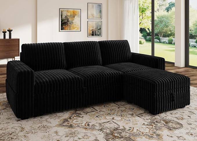 HONBAY Modular Sectional Sofa with Pull Out Bed,Corduroy L Shaped Sleeper Sofa with Storage, Sectional Couches for Living Room,Black