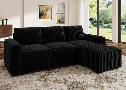 HONBAY Modular Sectional Sofa with Pull Out Bed,Corduroy L Shaped Sleeper Sofa with Storage, Sectional Couches for Living Room,Black