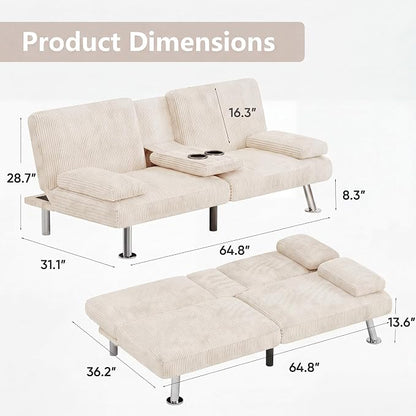 Flamaker Futon Sofa Bed Corduroy Folding Couch Adjustable Sleeper Sofa Bed for Small Apartment Upholstered Living Room Furniture Set with 2 Cup Holders Removable Armrests (Corduroy, Beige)