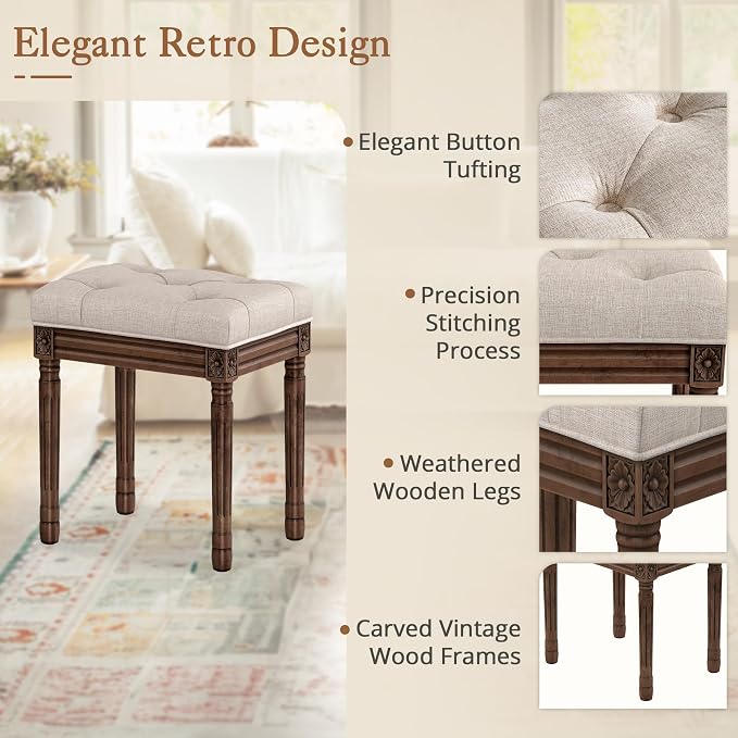 LUE BONA Upholstered Fabric Vanity Bench Seat, Makeup Stools for Vanity, Square Tufted Ottoman Bench with Carved Dark Brown Legs for Bedroom Living Room, Linen Color