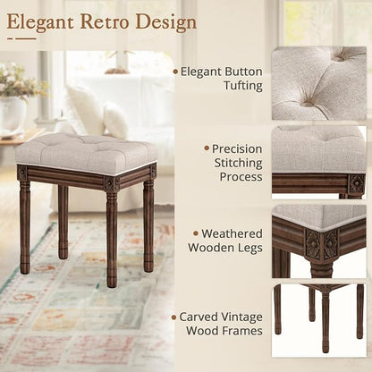 LUE BONA Upholstered Fabric Vanity Bench Seat, Makeup Stools for Vanity, Square Tufted Ottoman Bench with Carved Dark Brown Legs for Bedroom Living Room, Linen Color