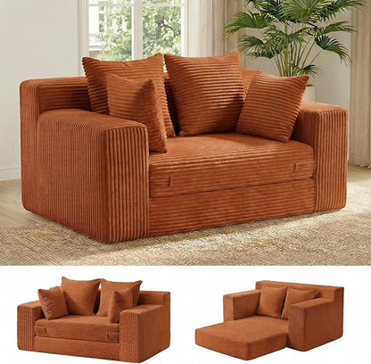 cidludto Convertible Sofa Bed, Boneless Couch 2 in 1 Loveseat Folding Couch Bed Foldable, Chair Bed & Futon Sofa Bed, Small Corduroy Pull Out Sofa with 4 Pillows for Living Room, Orange