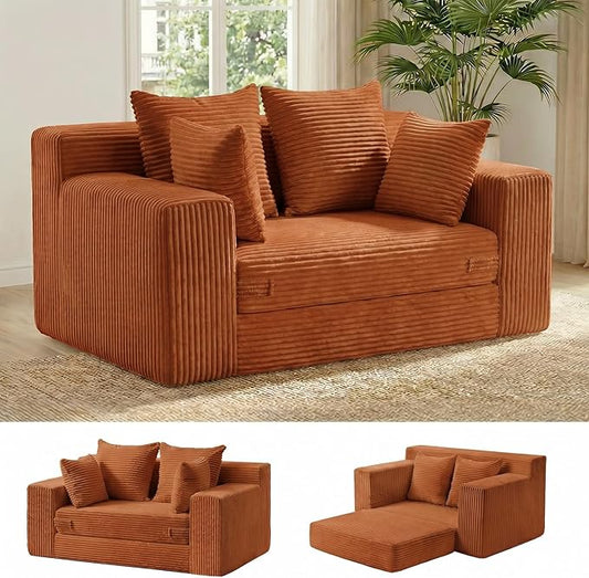 cidludto Convertible Sofa Bed, Boneless Couch 2 in 1 Loveseat Folding Couch Bed Foldable, Chair Bed & Futon Sofa Bed, Small Corduroy Pull Out Sofa with 4 Pillows for Living Room, Orange