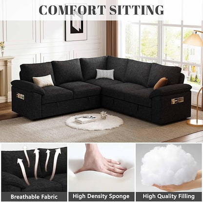85 Inch Modular Sectional Sofa with Pull Out Bed, L Shaped 5 Seat Sectional Sleeper Sofa with Storage, Sectional Couches for Living Room, Cloud Modular Couch,Removable Sofa Cover, Black