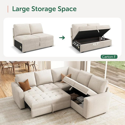 HONBAY Modular Sectional Sleeper Sofa with Pull Out Bed L Shaped Couch with Storage Seat Sectional Couches for Living Room,Beige