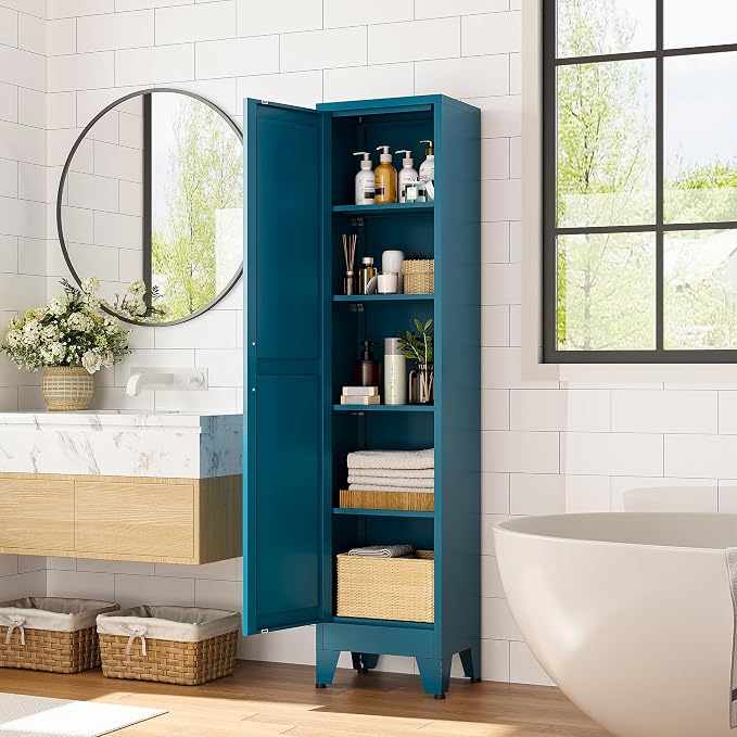 Narrow Bathroom Storage Cabinet Tall Metal Storage Cabinets with 4 Adjustable Shelves Freestanding 5 Tier Slim Pantry Cabinet for Kitchen Office Small Space Blue