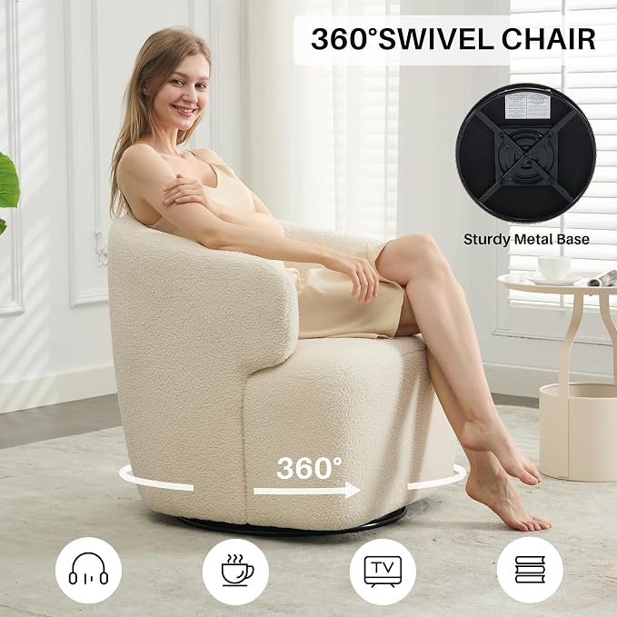 SOFTHION Swivel Accent Chair, Sherpa Teddy Barrel Chair for Living Room, Cozy Round Boucle Arm Chair, Metal Base for Club Nursery Bedroom, Beige Cream White