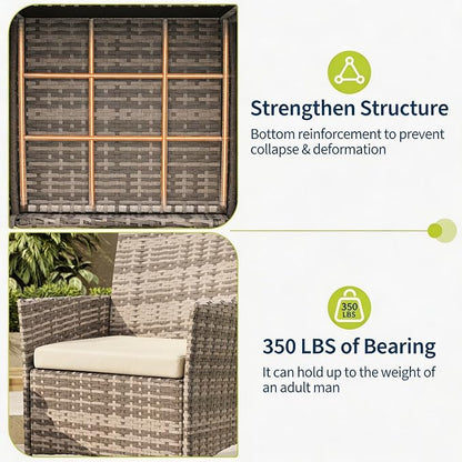3-Piece Outdoor Furniture Set, PE Rattan Wicker Chairs with Soft Cushions & Tempered Glass Coffee Table - All-Weather Patio Set for Garden, Backyard, Porch, Poolside (Grey/Beige)