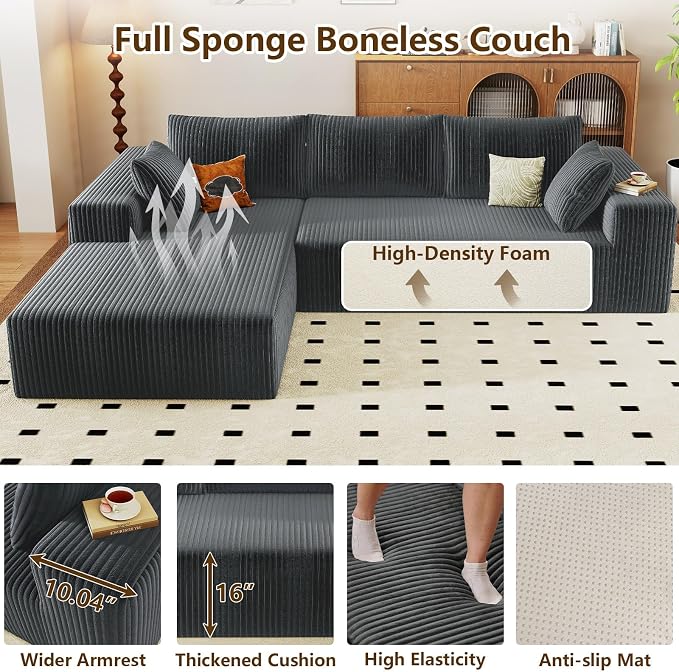 96" Modular Sectional Couch, Boneless L Shaped Cloud Sofa with Chaise Lounge, Corduroy Upholstered Couches Memory Foam Deep Seat, No Assembly Required, Ideal for Living Room(Dark Gray, Left Facing)