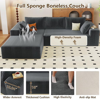 96" Modular Sectional Couch, Boneless L Shaped Cloud Sofa with Chaise Lounge, Corduroy Upholstered Couches Memory Foam Deep Seat, No Assembly Required, Ideal for Living Room(Dark Gray, Left Facing)