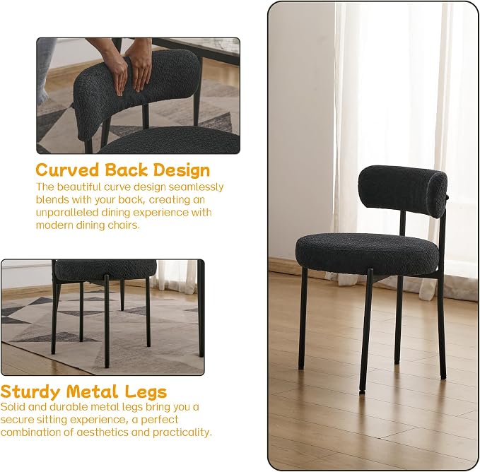 EDWELL Black Boucle Dining Chairs Set of 2, Mid Century Modern Kitchen Dining Chairs with 3.94” Cushions and Metal Legs, Round Upholstered Boucle Chairs for Kitchen, Living Room