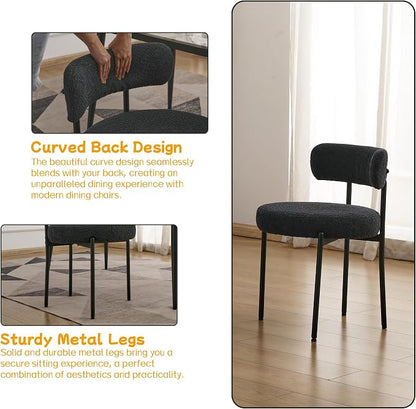EDWELL Black Dining Chairs Set of 6, Mid-Century Modern Dining Room Chairs with Thick Cushions, Round Upholstered Boucle Dining Chair with Metal Legs for Kitchen, Living Room, Kitchen Chairs