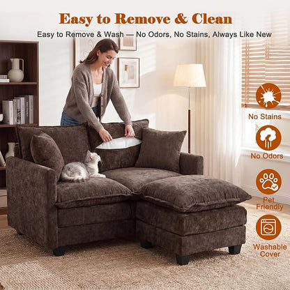 50'' L-Shape Loveseat Sofa with 22" Ottoman, 2 Seat Modern Cloud Couch with 2 Washable Pillows for Small Space Apartment Office Living Room Bedroom, Brown