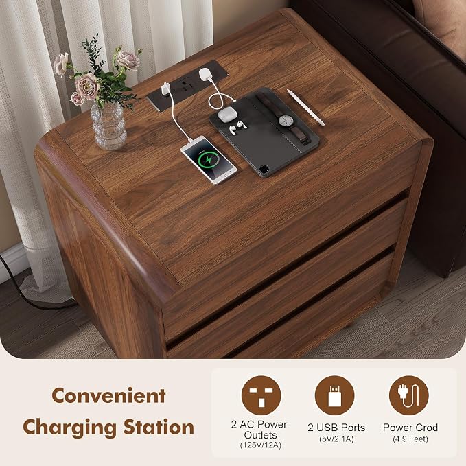 Nasonet 6 Drawer Dresser and 3 Drawers Nightstands Set with Charging Station, Wood Mid-Century Modern Dresser and Nightstand 3 Pieces for Bedroom, Living Room, Walnut