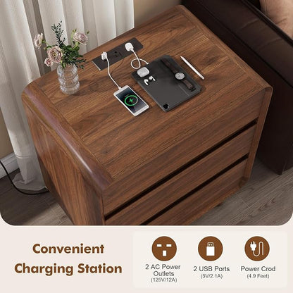 Nasonet 6 Drawer Dresser and 3 Drawers Nightstands Set with Charging Station, Wood Mid-Century Modern Dresser and Nightstand 3 Pieces for Bedroom, Living Room, Walnut