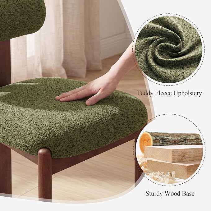 MALOL Modern Wooden Dining Chairs Set of 2, Upholstered Fabric Kitchen Chairs with Sculptural Backrest, Mid-Century Farmhouse Dining Room Chairs with Solid Wood Legs, Green